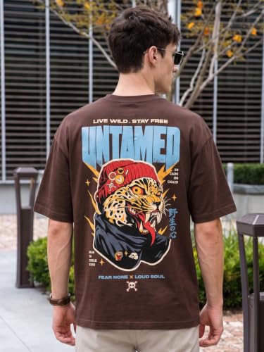 Image of Veirdo Men Bold Front & Back Printed Oversized Fit T-Shirt for Men, Cotton Fabric, Drop-Shoulder Streetwear Casual Graphic Tee, Stylish & Comfortable (OS VD UNTM BRN S)