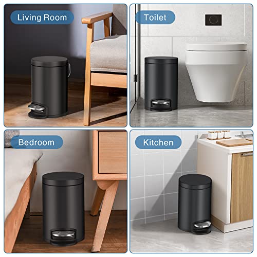 H+Lux Small Trash Can With Lid Soft Close, Foot Pedal Round Bathroom Garbage Can With Stainless Steel Removable Inner Wastebasket, Anti-Fingerprint Matt Finish, 0.8Gal/3L, Black #TOP6