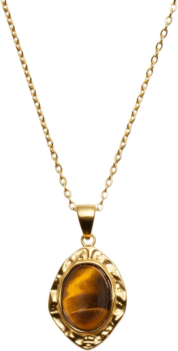 okisen Vintage Tiger Eye Necklace, 14K Gold Plated Stainless Steel, Natural Stone Pendant, Waterproof Hypoallergenic, Adjustable Chain 19.68-21.64 Inches, Brown, Spiritual Jewelry
