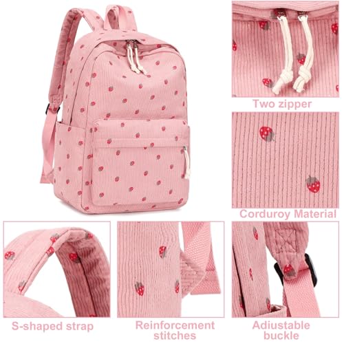LOIDOU Schulrucksack Mädchen & Jungen Teenageralter Leichter Rucksack Damen für Schule Wasserabweisend Daypack Bookbag Colleg Work (Strawberry rosa Cord)