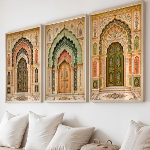 Image of NoWorries Arch Wall Art Set of 3 Framed Prints | Indian Traditional Palace Door Painting, Royal Rajasthani Architecture Poster, Vintage Floral Ethnic Wall Decor for Living Room Bedroom Home (Synthetic Engineered Wooden Frame) (MIN -3, 10x13 inches)
