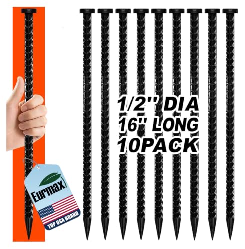 Image of Eurmax USA 10-Pack 16 Inch Rust-Proof Steel Canopy Anchors for High Winds, 1 /2 Inch Galvanized Rebar Stakes Heavy Duty Ground Anchors for Camping Tent, Speed Bump, Parking Curb, Garden Support