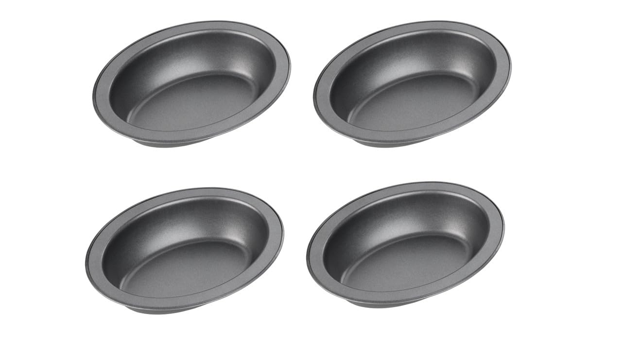 Chef Aid Set of 4 Non-Stick Oval Pie Dishes, 17cm x 13cm x 3.7cm Baking Tins, Durable Carbon Steel, Easy Clean, Ideal for Pies, Crumbles and Individual Portions, Grey