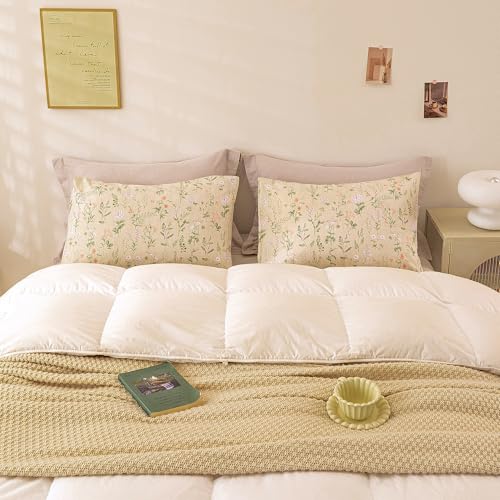 Image of ECOCOTT Floral Pillowcases Standard Size Set of 2, 100% Washed Cotton Pillow Cases with Envelope Closure, Beige Botanical Wildflower Printed Pillow Covers for Cottagecore Farmhouse Bedroom Decor