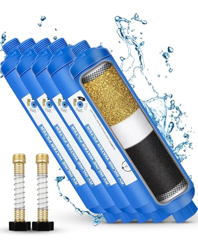 RV Inline Water Filter with 2 Flexible Hose Protector, Reduces Chlorine, Bad Taste, Rust, Corrosion, Sediments, and Turbidity, Ideal for RVs, Garden, Car Washing, Gardening, Planting, 4 Pack
