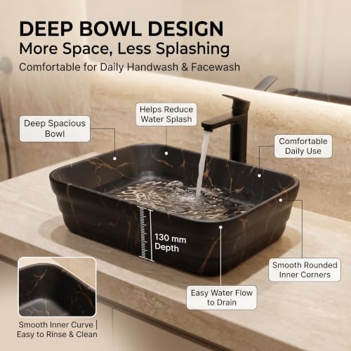 Image of InArt 1081 Wash Basin for Bathroom, Matt Black Marble Tabletop Washbasin, Ceramic Countertop Vessel Sink, 500 x 350 x 130 mm Rectangular Bathroom Sink for Vanity