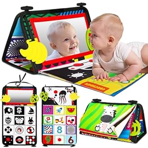 Baby Tummy Time Mirror, Newborn Infant Toys 0 3 6 12 Months with Sensory High Contrast Crinkle Books and Teethers, Baby Tummy Time Sensory Toys for 0-6 Months Old Boy Brain Development