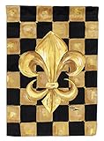 Caroline's Treasures 8197CHF Black Gold Checkered Flag Fleur de lis House Flag Large Porch Sleeve Pole Decorative Outside Yard Banner Artwork Wall Hanging, Polyester, House Size, Multicolor