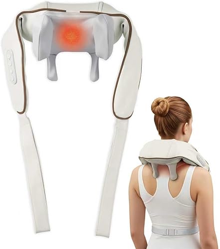 Masajeador inalámbrico de cuello y hombros con calor, masajeador de tejido profundo Shiatsu 4D, compresa cálida de 107.6 F, masajeador de espalda