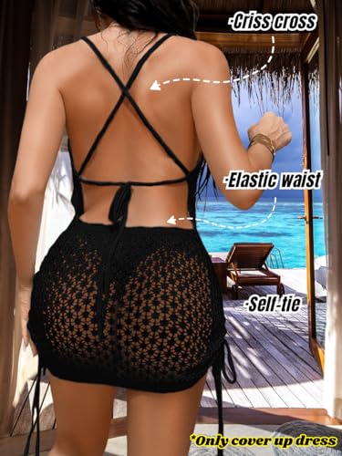 Kaei&Shi Backless Crochet Cover Up Dress,Drawstring Knit Swimsuit Coverup for Women,Sexy Beach Vacation Outfits Resort Cruise4