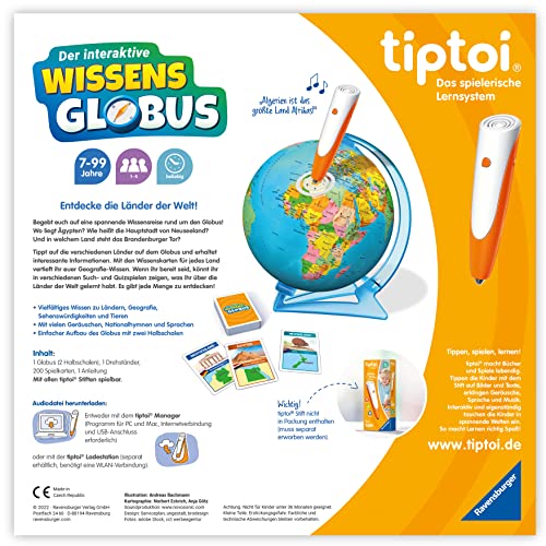 Ravensburger tiptoi Spiel 00107 - Der interaktive Wissens-Globus - Lern-Globus für Kinder ab 7 Jahren, Spielzeug für Jungen und Mädchen, für 1-4 Spieler