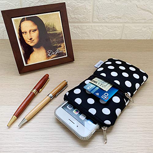 Image of Tainada 2-Zip Neck Phone Pocket Bag w /Belt Loop (Black White Polka Dots) | For Men /Women; Water-resistant neoprene pouch, shockproof, lightweight, w /carabiner; Compatible with most of smartphones