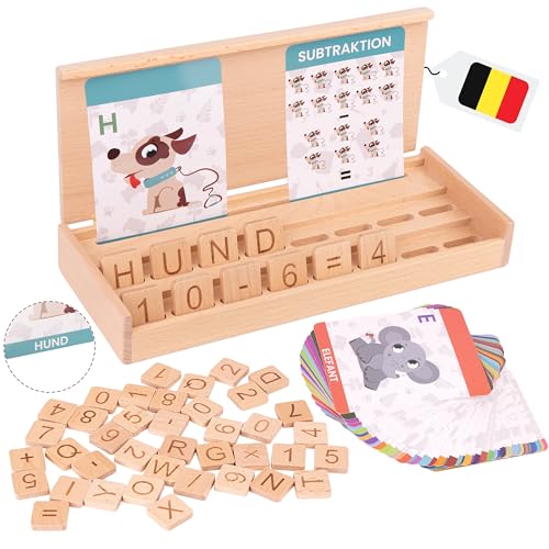 MONTINATUR Montessori Holzspielzeug ab 3 Jahre – Lernbox mit 54 Karten & Buchstaben – Pädagogisches Lernspiel zum Rechnen, Schreiben & Lesen für Kinder