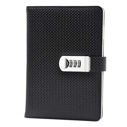 Lirener påfyllningsbar kodlås anteckningsbok PU-läder tidskrifter lösenord dagbok planerare organisatör, stickmönster A5(210 x 145 mm) fodrad anteckningsbok dagligt anteckningsblock personlig skissbok kodat lås, pennhållare Svart
