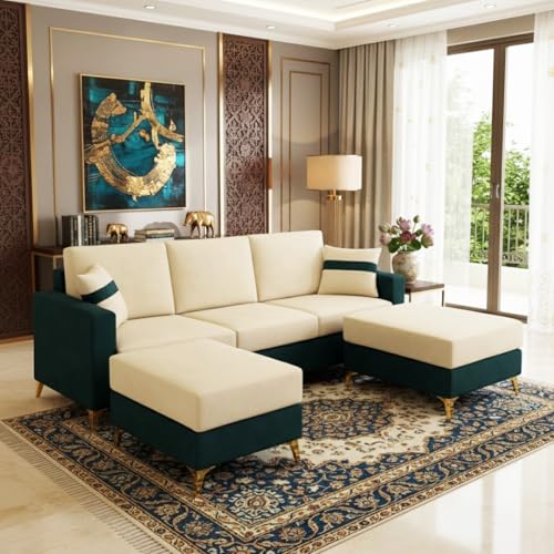 Image of Strike Dual Tone Plush 5 Seater L Shape Sofa Set with 2 Movable Ottomans| Flexible Layout | Silken Velvet Suede| Golden Metal Legs|for Living Rooms & Office (Green Teal & Cream) | Breathable Material