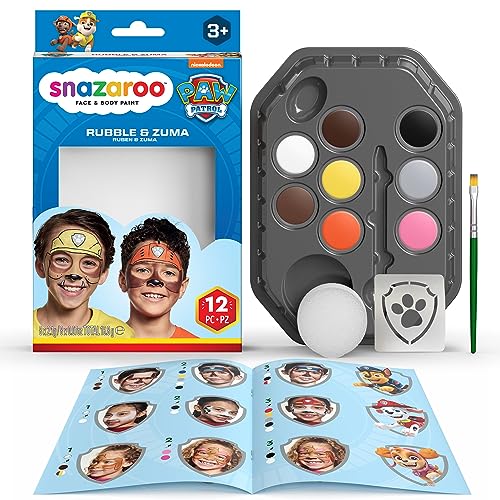 Snazaroo Kit Maquillaje Patrulla Canina Rubble & Zuma - Aguacolores para Niños Y Adultos, 8 Colores, 1 Plantilla, 1 Pincel, 1 Esponja, 1 Guía, Base Agua, Maquillaje Pintacaras