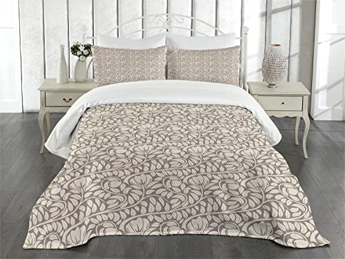 Lunarable Vintage Bedspread, Antique Abstract Leafy Branches With Blossoms Retro Flourish Bedding Plants Garden, Decorative Quilted 3 Piece Coverlet Set With 2 Pillow Shams, King Size, Beige Cocoa #TOP1