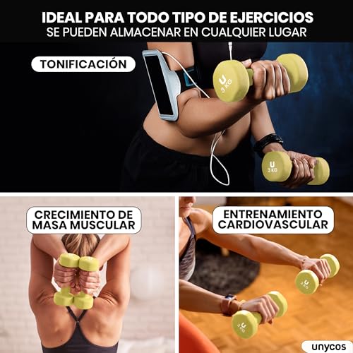 unycos - Par de Mancuernas Antideslizantes de Neopreno, Pesas【3 kg】Ergonómicas con Diseño Redondo y Anti-Rodadura, Resistentes, Ideales para Entrenamiento de Fuerza y Gimnasio en Casa (Amarillo) - imagen 6