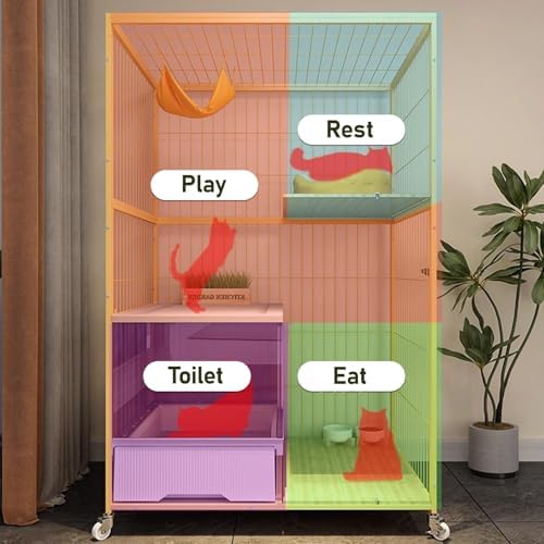 Indoor Cat Playpen with Litter Box & Wheels, Detachable Metal Enclosure for Cats, Rabbits & Small Animals, Yellow (76x56x103cm) - Includes Hammock
