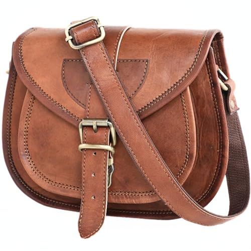 Vintage Brown Leather Satchel Purse for Women - Genuine Leather Crossbody Saddlebag Handbag - Distressed Womens Brown Leather Purse Crossbody Bags, 9-inch