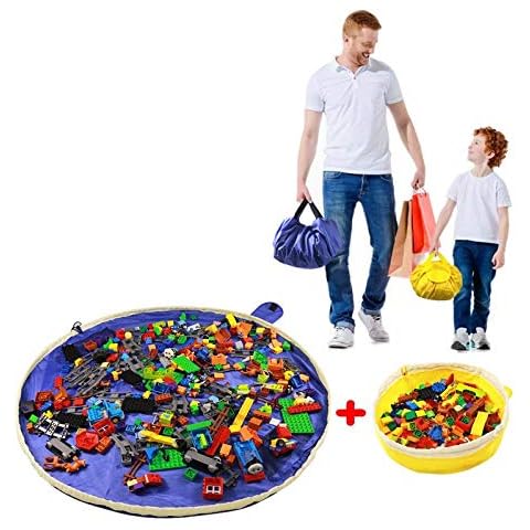 SUMBABO Spielzeug Aufbewahrung Sack für Lego - Spielzeug Aufraeumsack Teppich Decke Sack Spielmatte Sack von Kordelzug mit Kappe wie Reisetasche als Geschenk 2St=1Blau Groß + 1 Gelber Mini Cover