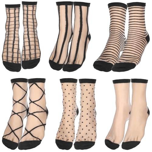 Image of LLOUSSAK 6 Pairs Black Lace, Fishnet Socks for Women, High Elasticity Comfort for Yoga, Casual Wear