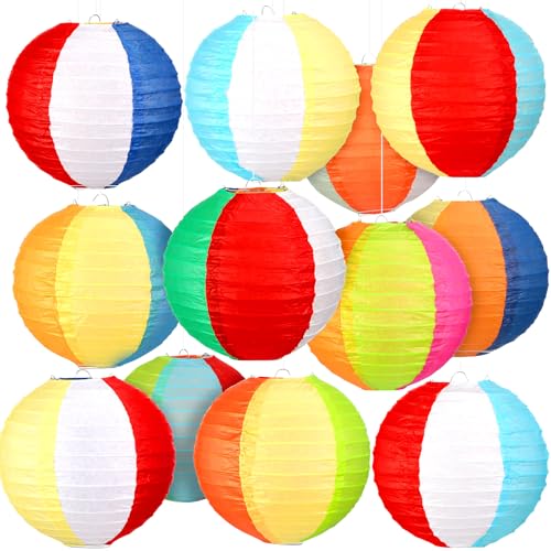 Image of Panelee 12 Pcs 8 Inch Beach Ball Paper Lanterns Pool Party Decorations Summer Luau Themed Round Hanging Decorations for Office Classroom Home Outdoor Indoor Party Supplies