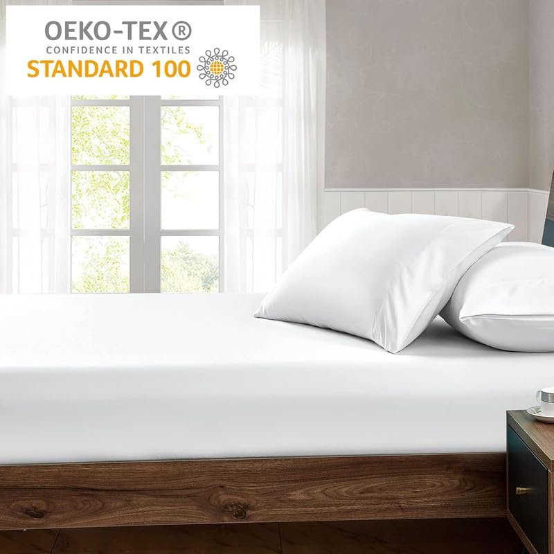 Image of Amazon Brand - Umi Cotton Feel Glace Cotton Fade Resistant Elastic Fitted Double Bed Bedsheet with 2 Pillow Covers Fits Upto 8 inches Mattress, Size- 72x72x10 Inches, White