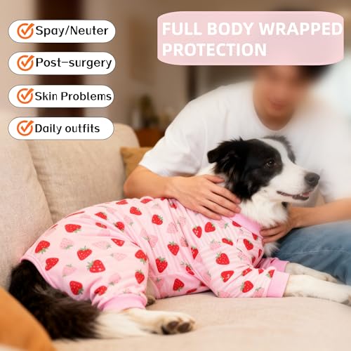Image of Recovery Suit for Dogs Full Zipper, Four-Legged Onesie Dog Recovery Suit After Surgery Cute Soft Bodysuit Cone Alternative Male Female Neuter Anti Licking Wounds (Pink Strawberry, X-Large)