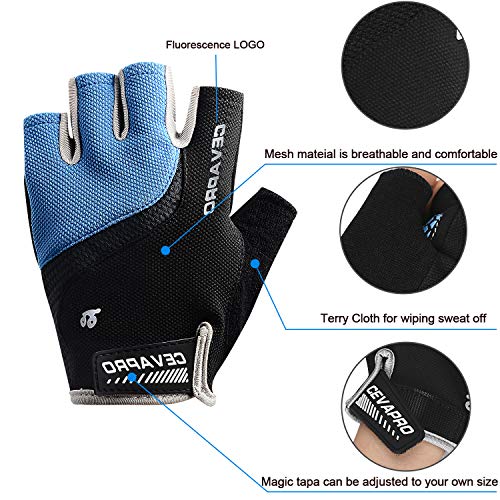 Cevapro Cycle Gloves Mountain Road Bike Gloves Half Finger Bicycle Gloves with Anti Slip Shock-Absorbing Gel Pad Cycling Riding Biking Gloves MTB DH Road Bicycling Gloves for Men Women (Blue, M) - Thumbnail 2