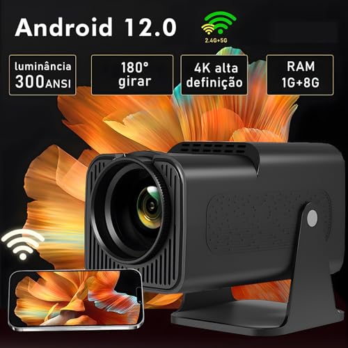 جهاز عرض ذكي صغير محمول HY320 شبكة الجيل الخامس 5G واي فاي 6 بلوتوث 5.0 أندرويد 11، FHD 4K، تصحيح الانحراف الأفقي ليد، جهاز عرض دوار 180 درجة للموبايل (قابس أوروبي) من نو 2 بروبليمز