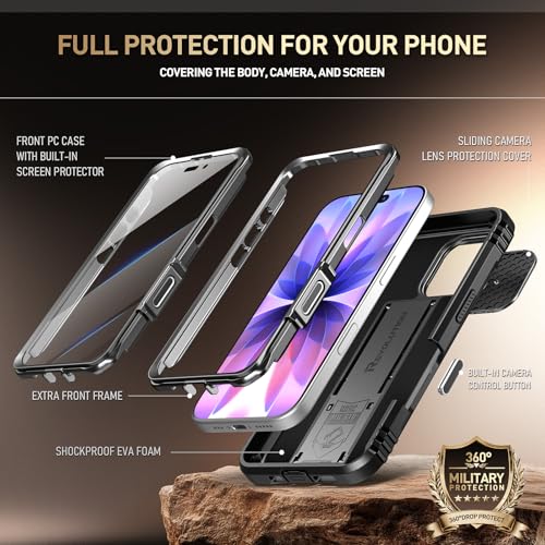 Image of Poetic for iPhone 17 Case with Camera Control Capture Button, [Slide Camera Cover] [Built-in Stand] [Built-in Screen Protector] Full-Body Military Grade Rugged Phone Case for iPhone 17, Black