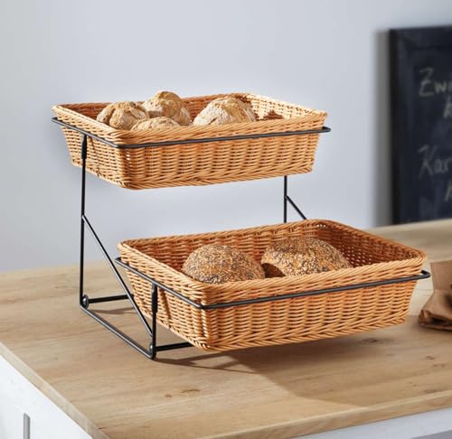Dekoleidenschaft Présentoir à marches en métal noir + paniers en polyrotin, corbeille à pain, corbeille à fruits, présentoir