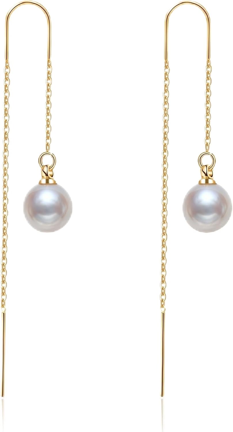Pearl Dangle Earrings for Women, Threader Earrings Long Drop Earrings, Dainty Hoop Earrings Hypoallergenic Tassel Ear Chain for Wedding Jewelry Gifts