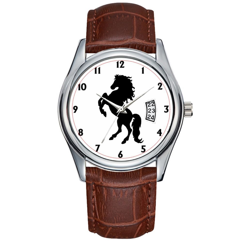 Men Watch Casual Waterproof Quartz Watches Clock Date Classic Business Brown Leather Christmas Wristwatch Majestic Black Stallion Horse Watch, Brown, commercial