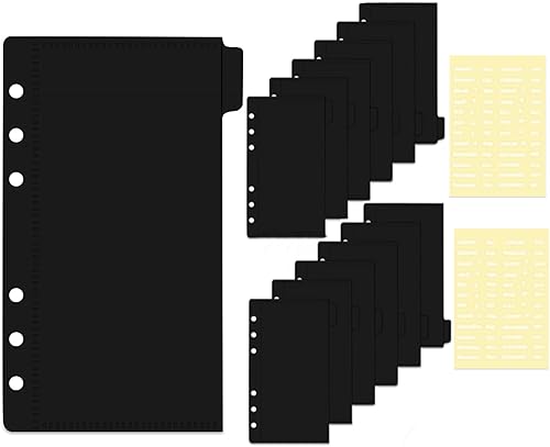 Juego de 2 separadores de carpetas A6 con bolsillos, sobres negros para efectivo, bolsillos sin cremallera, 6 agujeros, cartera con 2 pestañas,
