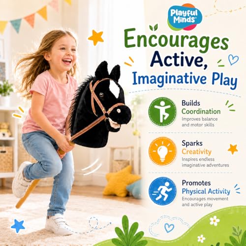 Image of Nature Bound Stick Horse | Horse on a Stick with Sound Effects - Handcrafted Plush Stick Pony for Toddlers & Kids | Handsewn, Sturdy Wooden Handle | Pretend Play Horse Toy (Black)