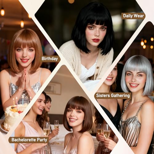 Image of PLULON Light Brown Short Bob Wig with Bangs for Women, Colorful Neon Short Bob Synthetic Hair Wigs with Hair Cap Heart Sunglasses for Adults Daily Bachelorette Halloween Costume Party Supplies
