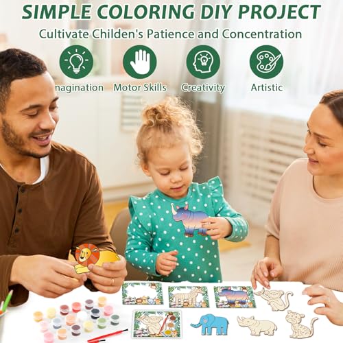Oitnlaughter 24 Sets Safari Party Favors Safari Jungle DIY Craft Kits Jungle Wooden Painting Kits Wild Animals Coloring Crafts for Kids Animals Birthday Party Supplies Goodie Bags Gifts Prizes