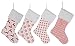 4 Burlap Christmas Stockings Decoration - 4 Pcs Set Print & Fur Collar Fireplace Decor Large