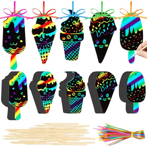 Fuutreo 100 peças de raspadinhas de sorvete, cores arco-íris, ornamentos de arranhões, kits de artes