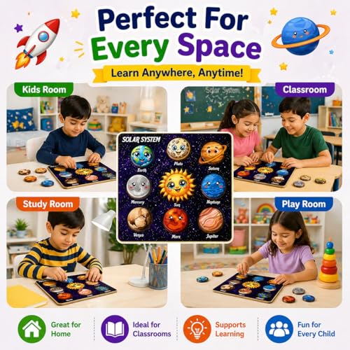 Image of Solar System Wooden Puzzle for Kids 3-6, Space Toys, Planets Preschool Learning Activities, Gift for Boys and Girls, 9 Pieces