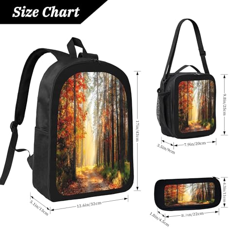 3PCS Backpack for Women Men With Lunch Box Pencil Bag 17 Inch Lightweight Adjustable Strap Back Pack 3 In 1 Set Forest Season Autumn Casual Daypack Unisex Fit Travel Work Camping3