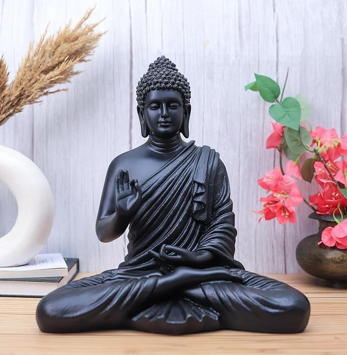 Image of Beautiful Sitting Buddha Idol Statue for Home & Garden Living Room | Healing Spirit Blessing Buddha Statue - 15 Inch Size (Dark Black)
