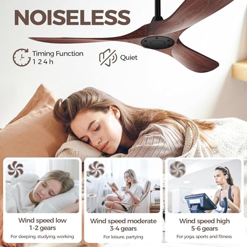 Image of Obabala 52 Inch Ceiling Fan Without Lights, Walnut Finish | Outdoor Ceiling Fan with Remote, 6-Speed Adjustable Reversible DC Motor for Patio & Living Room