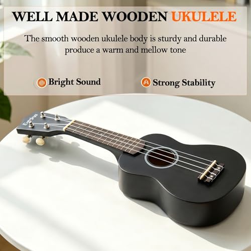 Image of Everjoys Soprano Ukulele Beginner Kit 21 Inch w /Free Online Lesson Gig Bag Tuner Picks Strap, Fast to Learn (Black)