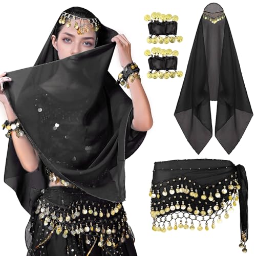 Accessori versatili per la danza orientale: il nostro set di accessori per costume da ballo orientale include una cintura in chiffon, una sciarpa e alcuni bracciali, ideali per tutte le ballerine orientali. Per spettacoli di danza o carnevale!