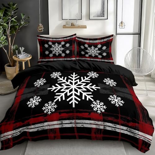 CozyRest Parures de lit 200 x 200 cm Flocon de Neige à Carreaux Ensemble De Literie Polycoton avec Fermeture Éclair Noir Housse de Couette Parure de lit Doux Imprimé avec 2 Taie d'oreiller 65x65 cm
