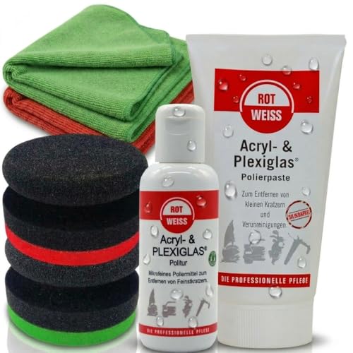 Craft-Equip Politurset bestehend aus Rotweiss Acryl Polierpaste 150ml und Acryl Politur 150ml + 2 Stück Microfasertuch + 2 Stück Handpolierschwamm