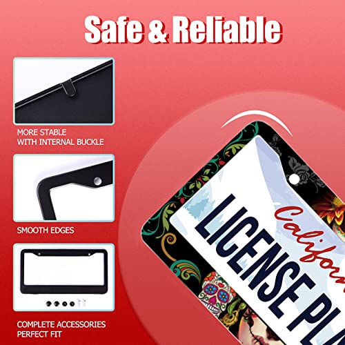 Personalise Sugar Skull Retro License Plate Frame Colorful Candy Skulls License Plate Car Universal Stainless Steel Accessories Cars Decor 2 Holes Screws Fits Standard Us Vehicles Size 12.2 X 6 Inch #TOP1